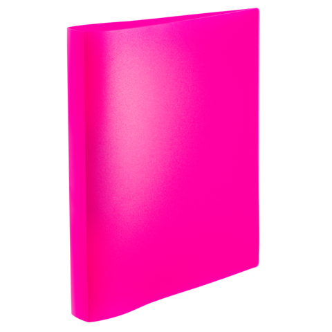 Ein leuchtend pinkfarbener Ordner mit glatter Oberfläche, der aufrecht steht.