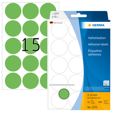 Grüne Haftetiketten mit einem Durchmesser von 32 mm, 32 Stück pro Bogen, verpackt in einer transparenten Hülle.