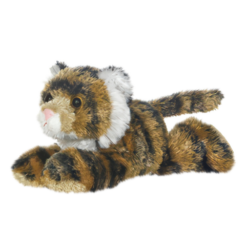 Plüsch-Tiger mit gestreiftem Fell, liegend mit ausgestreckten Vorderpfoten und einem weißen Gesicht.