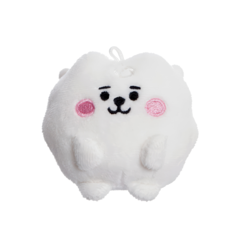 Weißes, rundes Plüschtier mit rosa Wangen und einem lächelnden Gesicht, das wie ein niedlicher Hund aussieht.