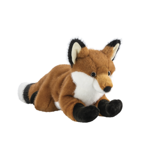 Plüschfuchs in liegender Position, mit braunem Fell, weißen Akzenten und schwarzen Pfoten. Realistische Details und freundlicher Ausdruck.