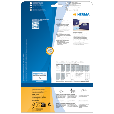 Rückseite einer Verpackung für Etiketten von HERMA, mit Anweisungen, Produktinformationen und einem Hinweis auf kostenlose Software.