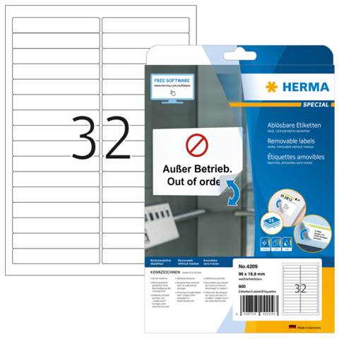 Packung mit ablösbaren Etiketten von Herma, Größe 62 x 190 mm, mit der Aufschrift „Außer Betrieb. Out of order“.
