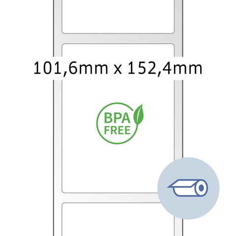 BPA-freies Etikett mit den Maßen 101,6 mm x 152,4 mm, dargestellt in einem klaren, minimalistischen Design.