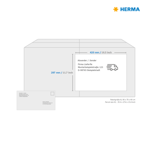 Versandkarton mit Abmessungen von 420 mm x 297 mm. Enthält Absenderinformationen und eine grafische Darstellung eines Lieferwagens.