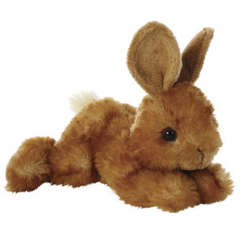 Ein brauner Plüschhase mit langen Ohren und einem weichen Körper, der entspannt auf dem Boden liegt.