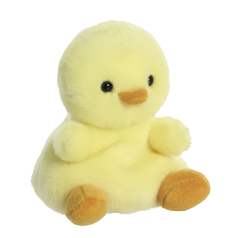 Gelbes, plüschiges Küken mit schwarzen Augen und orangefarbenem Schnabel, sitzt aufrecht mit kleinen, runden Füßen.