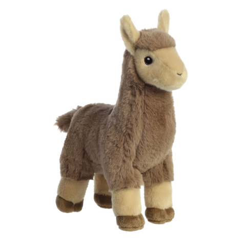 Plüschlama mit braunem Fell und hellen Akzenten, steht aufrecht und hat einen freundlichen Gesichtsausdruck.