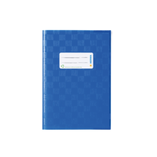 Blaues Notizbuch mit einem weißen Etikett auf der Vorderseite, das Platz für eine Beschriftung bietet.