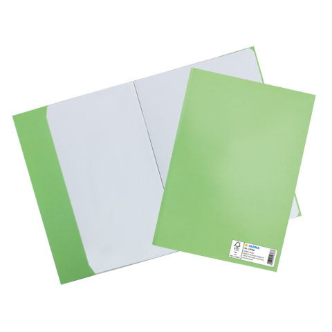 Zwei Ordner in verschiedenen Grüntönen, einer offen mit einer weißen Innenseite und ein weiterer geschlossener Ordner daneben.