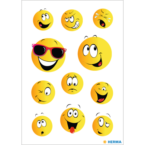 Eine Sammlung von gelben Smileys mit unterschiedlichen Gesichtsausdrücken, darunter Lächeln, Winken, Traurigkeit und Überraschung.