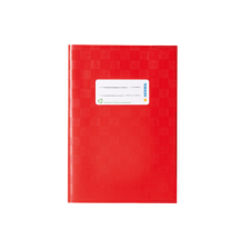 Rotes Notizbuch mit einem weißen Etikett auf der Vorderseite, das Platz für eine Beschriftung bietet.