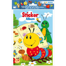 Ein buntes Stickeralbum mit einer fröhlichen Raupe, einer Ameise und einer grünen Käferfigur, umgeben von Blumen und Bienen.