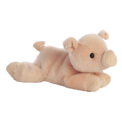 Plüschschweinchen in rosa, liegend mit kleinen Ohren und einem runden Schnäuzchen.