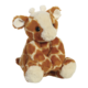 Plüschgiraffe mit braunem und beigem Fell, sitzend mit großen, runden Augen und kleinen Ohren.