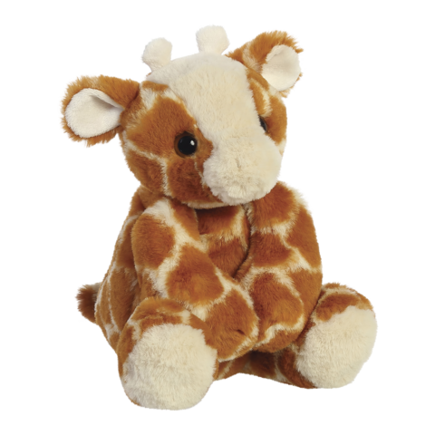 Plüschgiraffe mit braunem und beigem Fell, sitzend mit großen, runden Augen und kleinen Ohren.