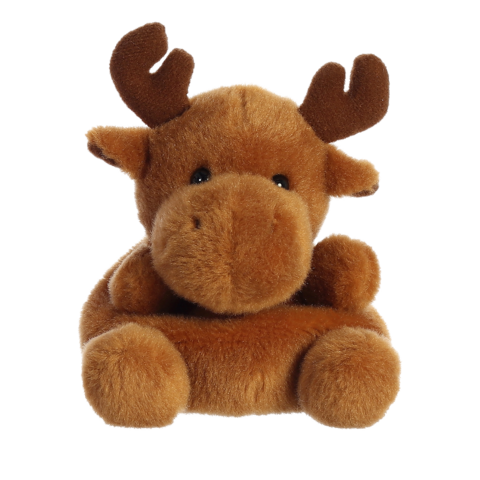 Braunes Plüsch-Elchspielzeug mit kleinen Hörnern und einem runden Körper, der auf einem weichen Untergrund sitzt.