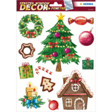 Weihnachtliche Fensterdekoration mit einem Tannenbaum, Geschenken, Süßigkeiten, einem Lebkuchenhaus und weiteren festlichen Motiven.