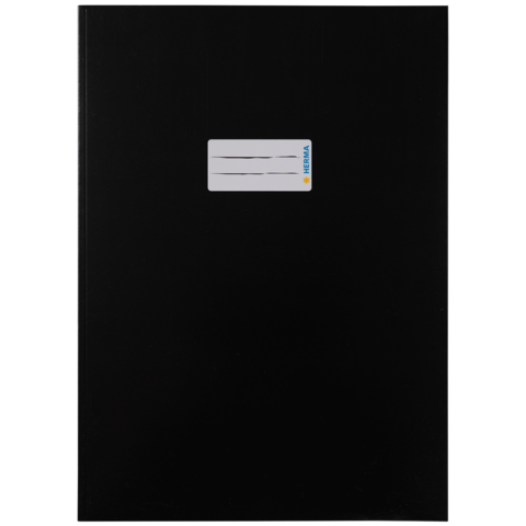 Schwarzes Notizbuch mit einem weißen Aufkleber auf der Vorderseite, der Platz für Beschriftungen bietet.