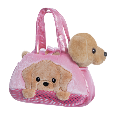 Rosa Tasche mit einem plüschigen Hundekopf, der aus der Tasche schaut, und einem Hundegesicht auf der Vorderseite.