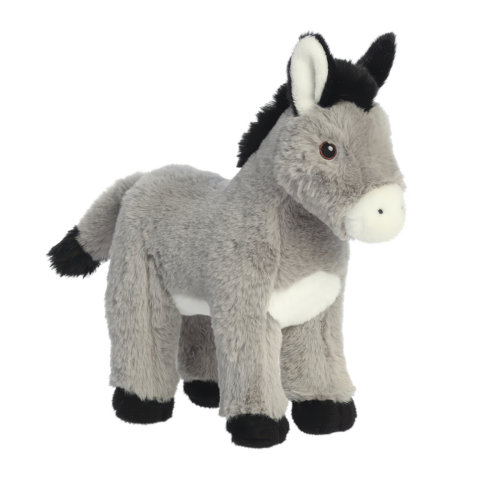 Plüsch-Esel mit grauem Fell, schwarzer Mähne und weißen Akzenten, steht aufrecht und hat einen freundlichen Gesichtsausdruck.