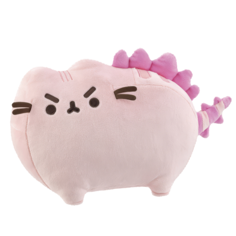Ein rosa Plüschspielzeug in Form einer Katze mit einem Dinosaurier-Schwanz und einem grimmigen Gesichtsausdruck.