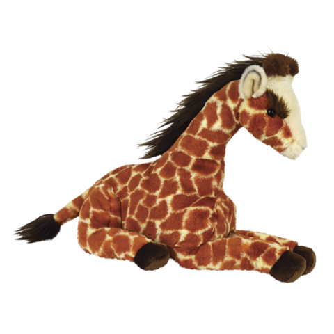 Plüschgiraffe mit braunem Fleckenmuster, sitzend mit einem freundlichen Gesichtsausdruck und schwarzen Haaren auf dem Kopf.