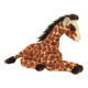 Plüschgiraffe mit braunem Fleckenmuster, sitzend mit einem freundlichen Gesichtsausdruck und schwarzen Haaren auf dem Kopf.