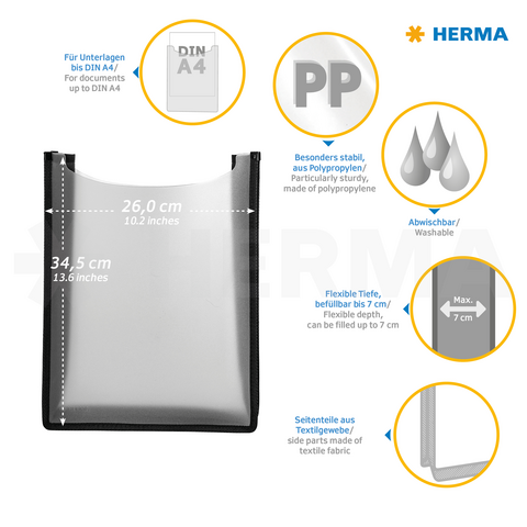 Transparente PP-Tasche mit den Maßen 26 cm x 34,5 cm, flexibel bis 7 cm, waschbar und stabil, mit textilbeschichtetem Rand.