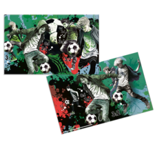 Zwei stilisierte Fußballspieler in Bewegung, die einen Ball dribbeln. Grafische Elemente in Grün, Schwarz und Rot umrahmen die Szene.