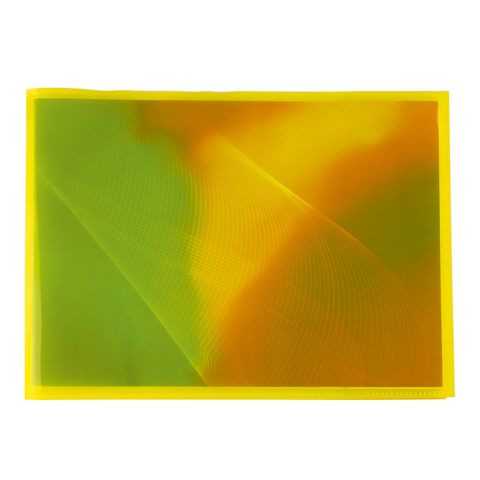 Bunte, transparente Folie in Gelb, Grün und Orange mit geschwungenen Linien und Farbverläufen." 

(Note: The text is already in German and does not require translation. It is clear and fluent as it stands.)