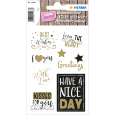 Geschenkaufkleber mit verschiedenen Botschaften wie "Best Wishes", "I Love You" und "Have a Nice Day" in dekorativem Design.