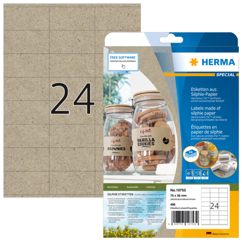 Etiketten aus Silphie-Papier, 24 Stück, für die Beschriftung von Gläsern und Behältern. Verpackung zeigt verschiedene Beispiele.