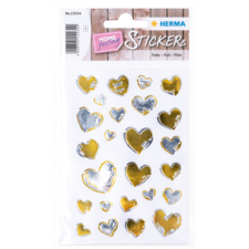Aufkleber mit verschiedenen Herzen in Silber und Gold auf einem weißen Hintergrund, verpackt für den Verkauf.