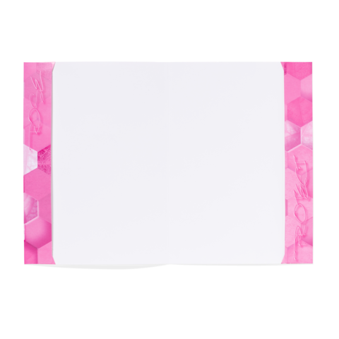 Ein leeres Notizbuch mit pinkem, hexagonalem Design auf der linken und rechten Seite. Die Seiten sind unbeschrieben.