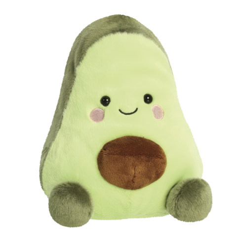 Kuscheliges Avocado-Plüschtier mit einem lächelnden Gesicht, runden Augen und einem braunen Kern in der Mitte.