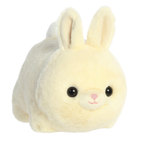 Weiches, plüschiges, cremefarbenes Kaninchen mit großen schwarzen Augen und rosa Nase.