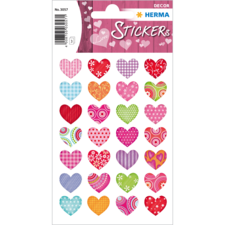 Bunte Herzaufkleber in verschiedenen Designs und Farben, angeordnet auf einem Stickerbogen mit dem Titel "Stickers".