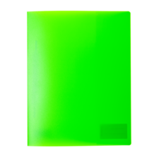 Grüner, transparenter Ordner mit einer glatten Oberfläche und einem kleinen, leeren Bereich für Beschriftungen.