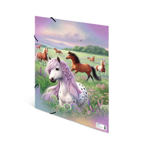 Eine Gruppe von Pferden, darunter ein geflecktes Pony mit geflochtenem Haar, grast auf einer blühenden Wiese unter einem sanften Himmel.