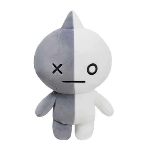 Kuscheltier mit einer Hälfte in Grau und der anderen in Weiß, mit einem neutralen Gesichtsausdruck und einem spitzen Kopf.