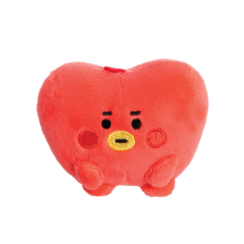 Rotes, herzförmiges Plüschspielzeug mit einem neutralen Gesichtsausdruck und kleinen, runden Wangen.