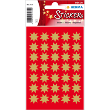 Rote Stickerkarte mit goldenen Sternen in verschiedenen Größen, geeignet für Dekoration und Bastelprojekte.