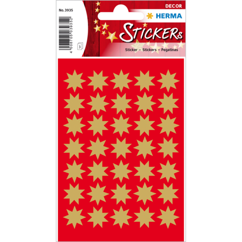 Rote Stickerkarte mit goldenen Sternen in verschiedenen Größen, geeignet für Dekoration und Bastelprojekte.