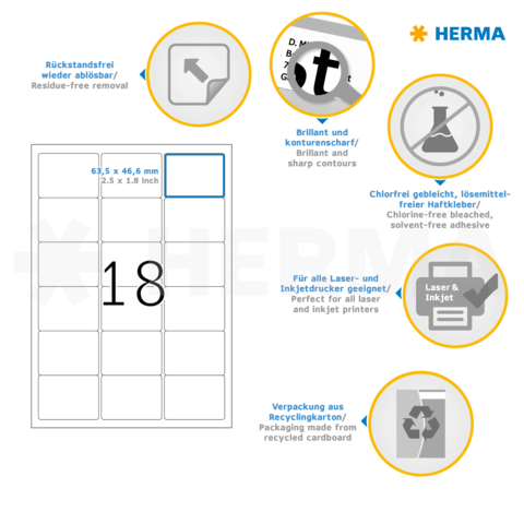 Etikettenblatt mit 18 Etiketten, Maße 63,5 x 46,6 mm, geeignet für Laser- und Tintenstrahldrucker, umweltfreundliche Verpackung.