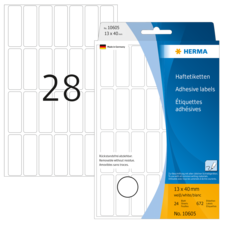 Haftetiketten-Packung mit 24 weißen Etiketten (13 x 40 mm) und der Nummer 28 auf der Vorderseite. Hergestellt in Deutschland.