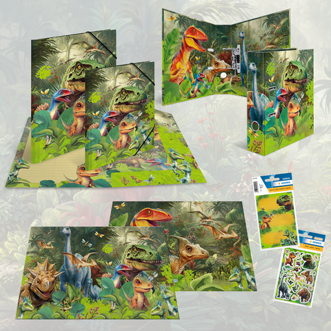 Dinosaurier-Themenordner und -mappen mit lebhaften Illustrationen verschiedener Dinosaurier in einer Dschungellandschaft.