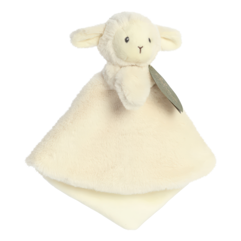 Plüschschaf mit einer Decke, das eine weiche, cremefarbene Textur hat und kleine Ohren sowie einen freundlichen Gesichtsausdruck zeigt.