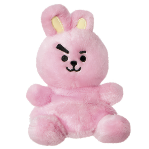 Ein rosa Plüschkaninchen mit einem schelmischen Gesichtsausdruck und aufrechten Ohren.