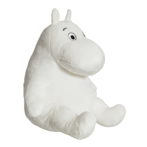 Plüschfigur eines weißen Mumin mit großen Augen und runden Ohren, sitzend auf einem neutralen Hintergrund.